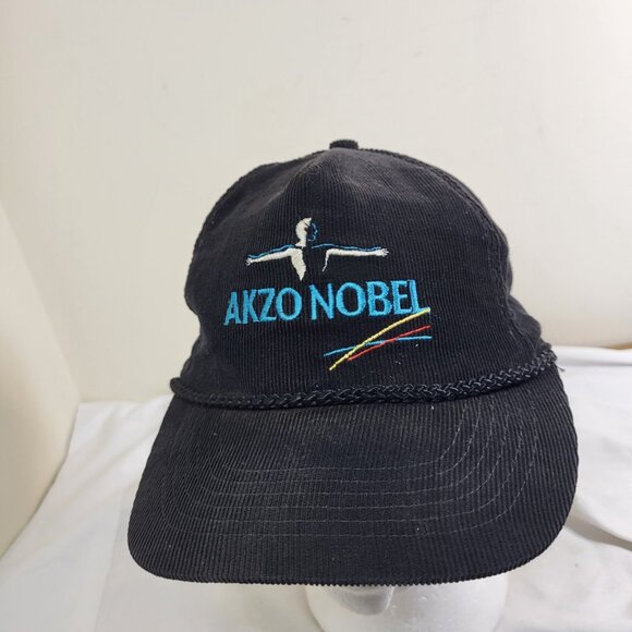 AKZO NOBEL Hat Snapback Baseball Vintage 90s Cap CORDUROY Dad Trucker Black - Picture 2 of 12